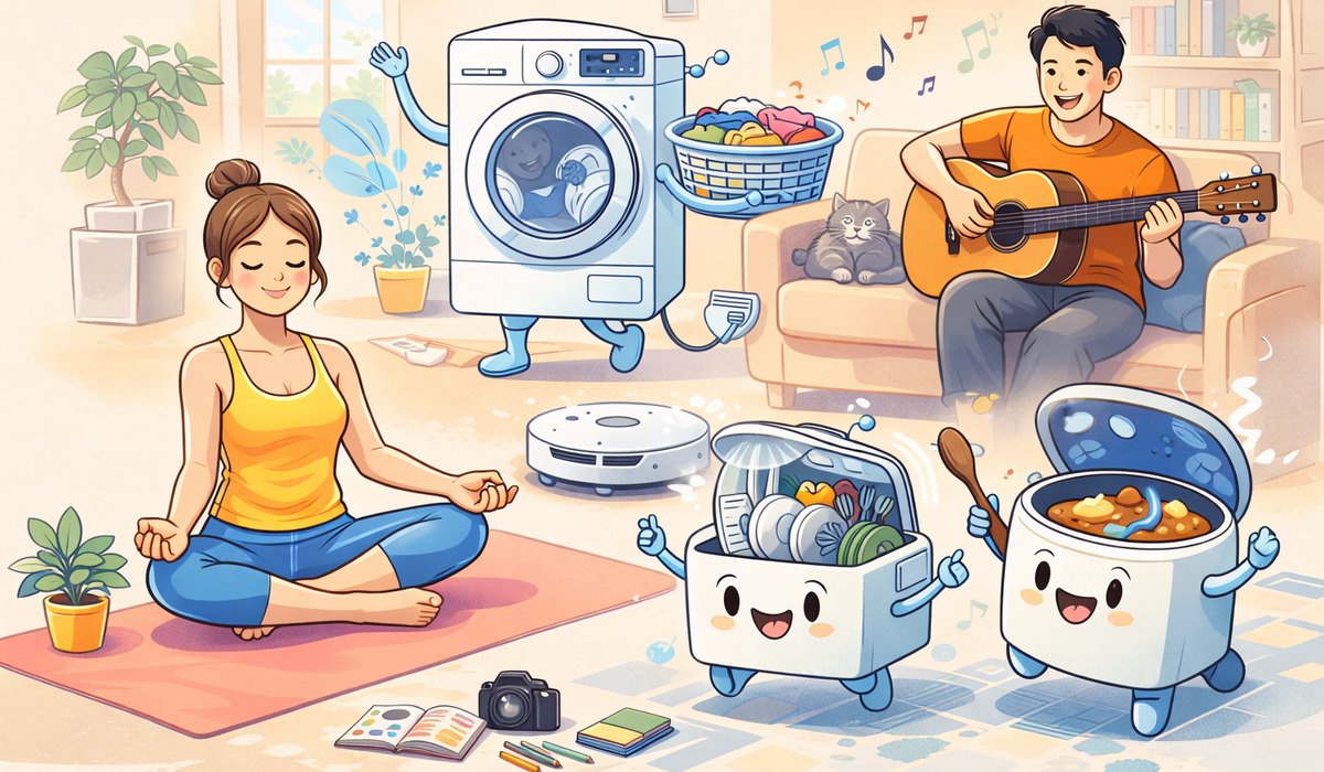 家電が家事を担い人が趣味やヨガを楽しむスマートライフのイラスト