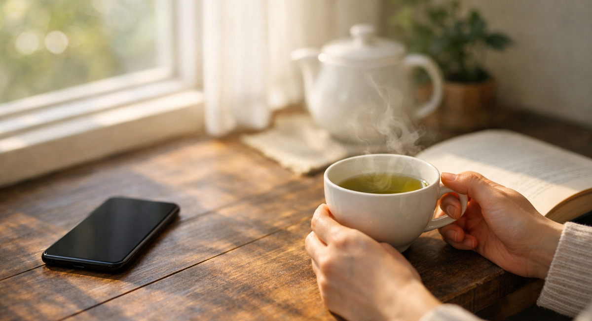朝の光が差し込む窓辺でスマホを置き、温かいお茶をゆっくり楽しむ静かなひととき