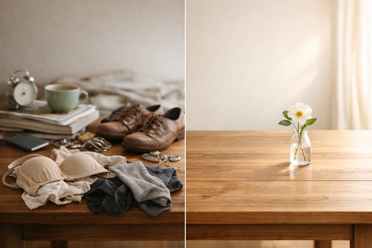 片付いた木のテーブルに一輪の花が置かれた、捨て活後のすっきりした空間