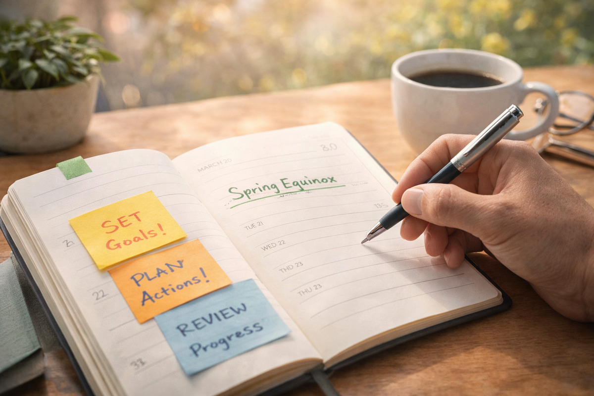 春分の日の手帳に目標を書き込もうとする手元を写し、新しい習慣のスタートを表現した写真