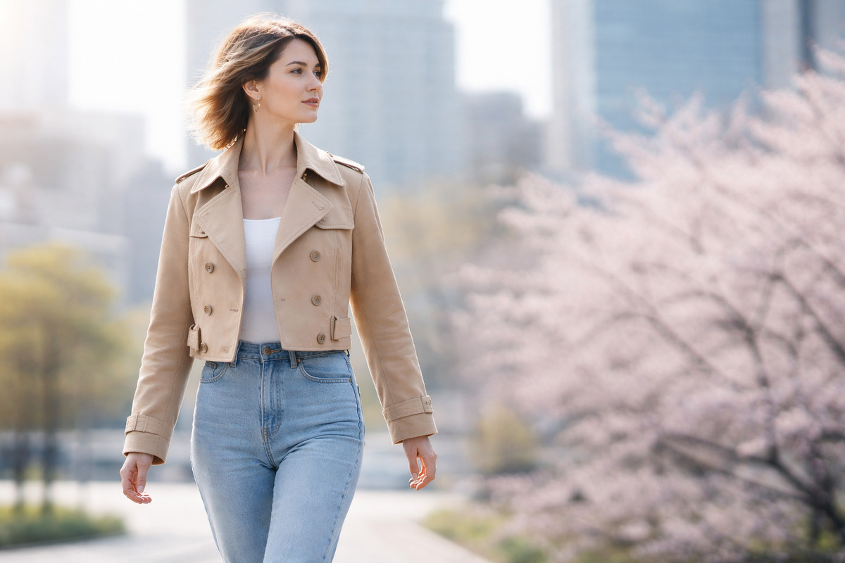 春の街並みでショート丈トレンチを着た女性が歩く姿が、スタイルアップの黄金比を表現している