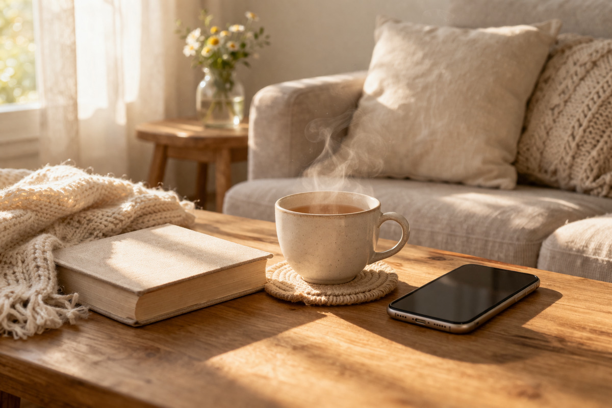 朝の光が差し込む部屋で、温かい飲み物と本が置かれた穏やかな余白のある時間の風景