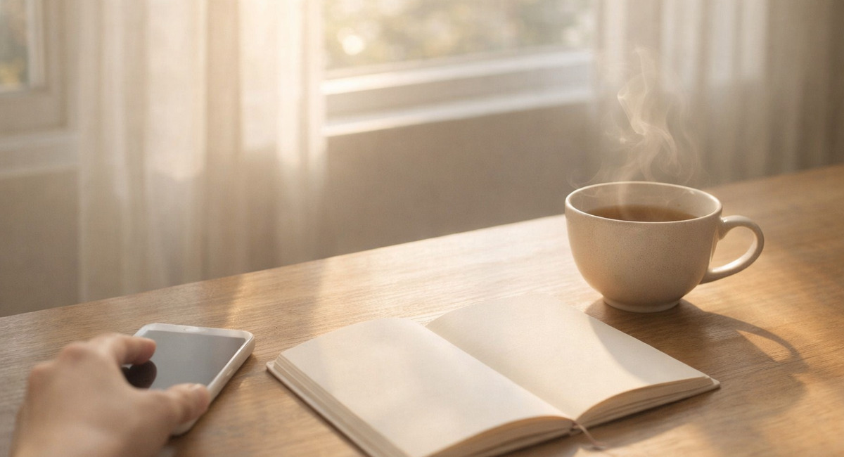 朝の柔らかな光が差し込む中、手帳と温かいお茶の前でスマホを置く静かな時間の様子