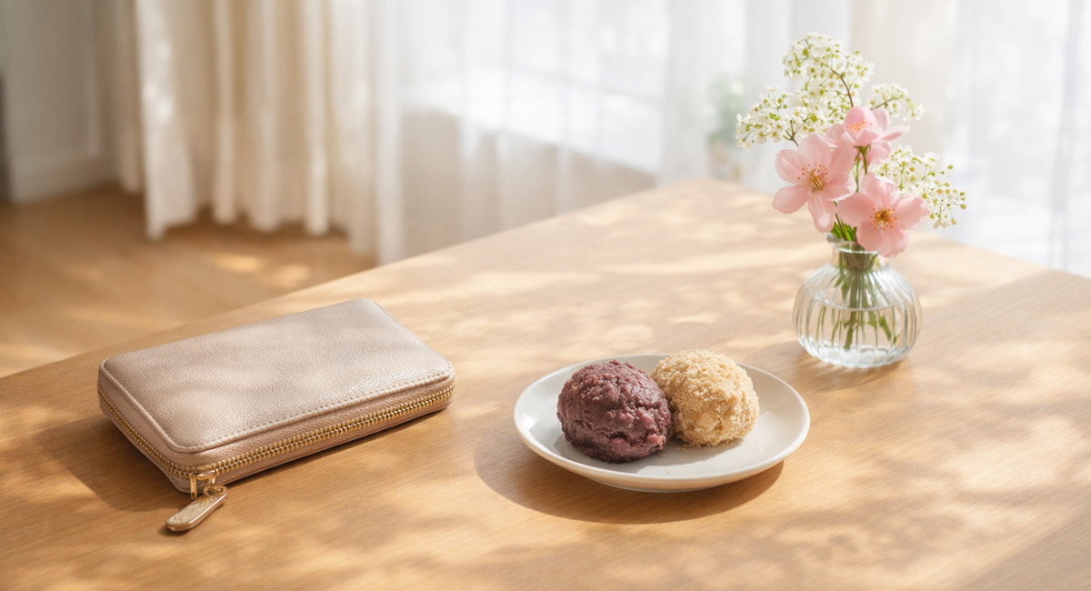 春の日差しが差し込む部屋で、整えた財布とおはぎ、花を並べた穏やかな開運習慣の風景