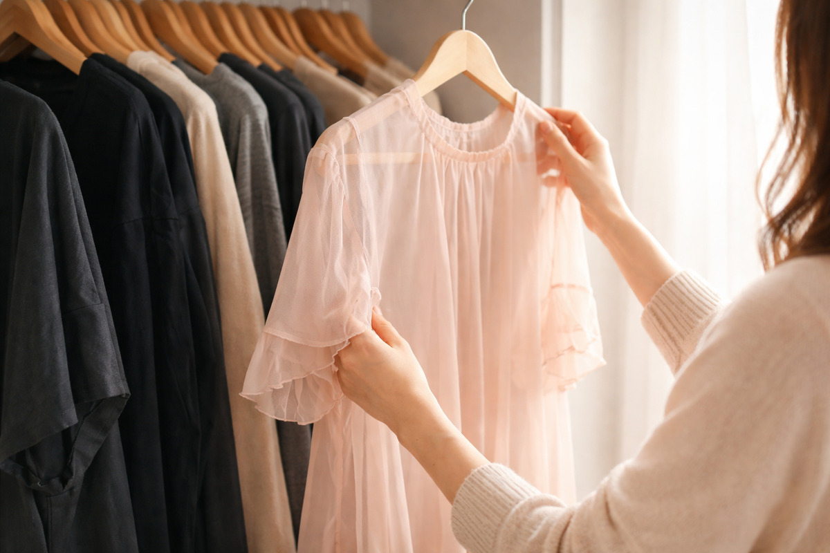 明るいクローゼットで淡いピンクのシアーブラウスを選び取る女性の手元