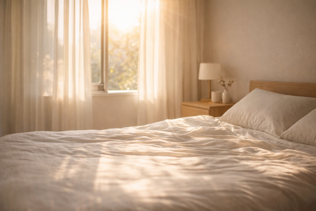朝のやわらかな日差しが差し込む静かな寝室。体内時計を整える朝の光。