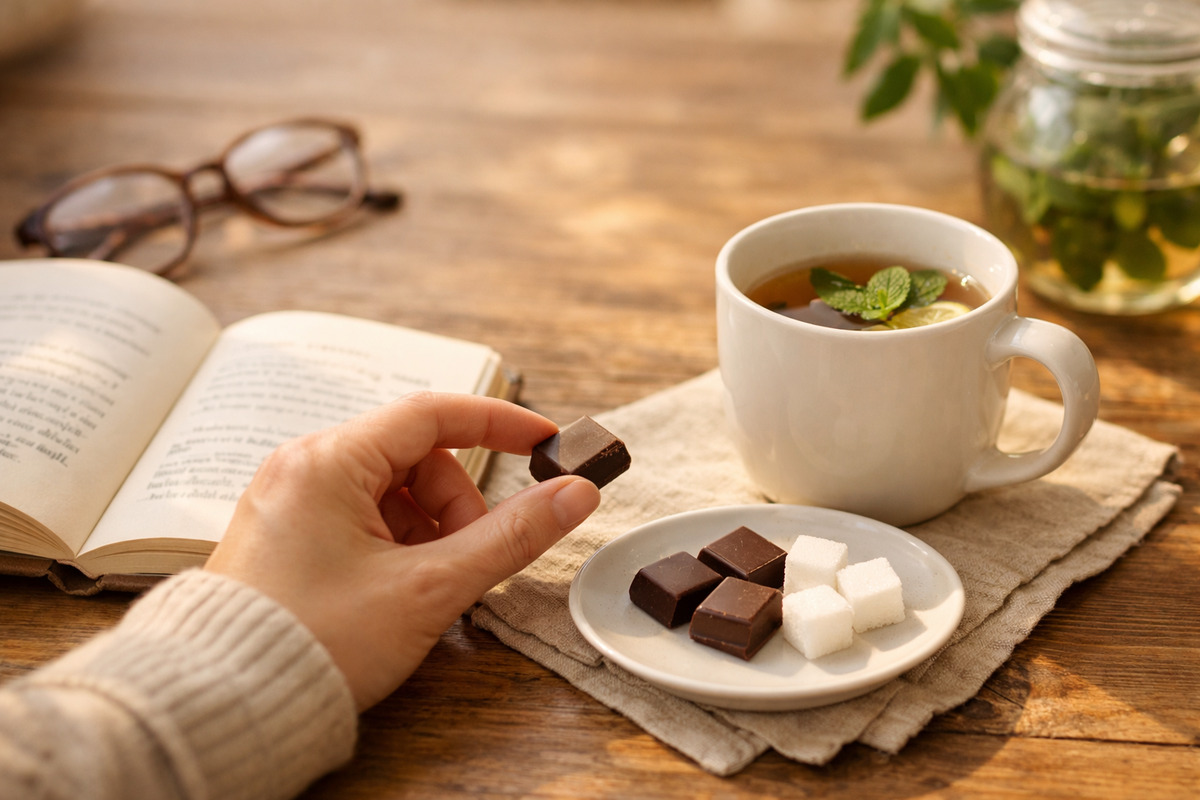 ミントティーとチョコレートで休憩する手元の写真。仕事や読書の合間のリフレッシュ時間をイメージ。