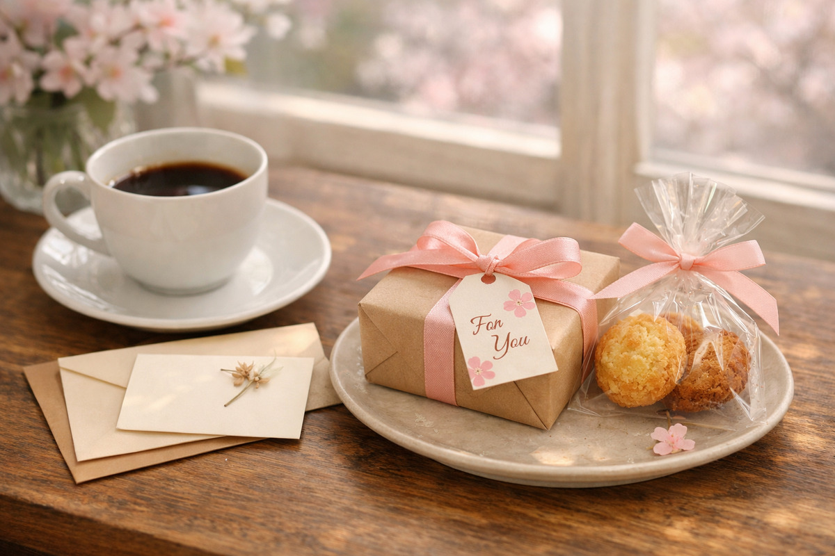 春の柔らかな光が差し込む窓辺で、コーヒーと焼き菓子のギフトが並ぶ心温まる春の贈り物の風景