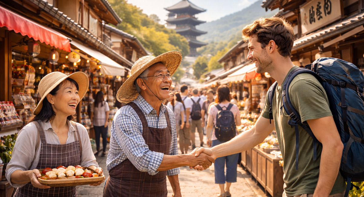 日本の観光地で地元の人と観光客が交流する風景