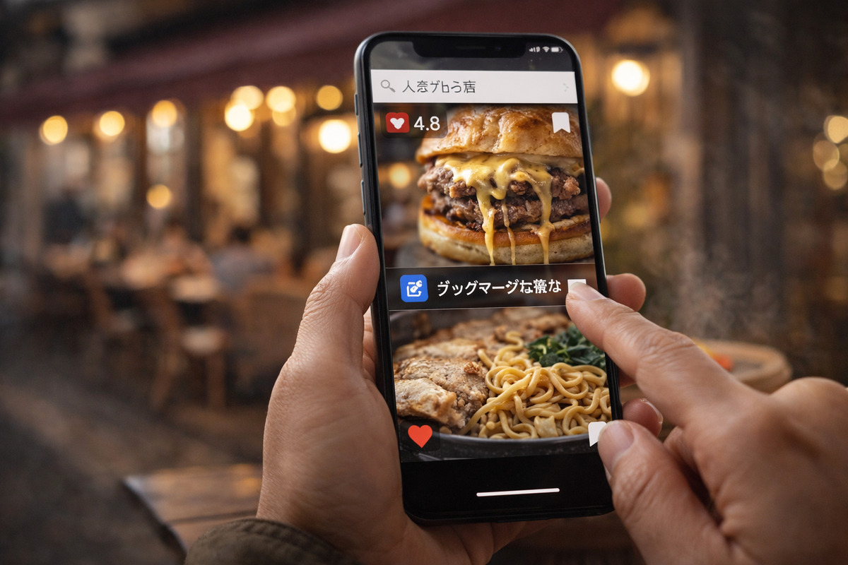 スマホで高評価グルメを確認し保存しようとする手元のシーン