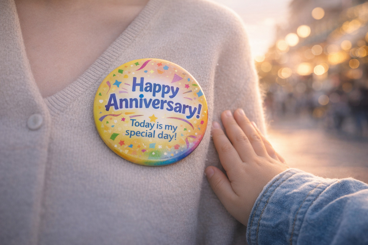 夕暮れのテーマパークを背景に、「Happy Anniversary」と書かれた記念バッジを胸につけた大人と、その胸元に触れる子どもの手元のクローズアップ。