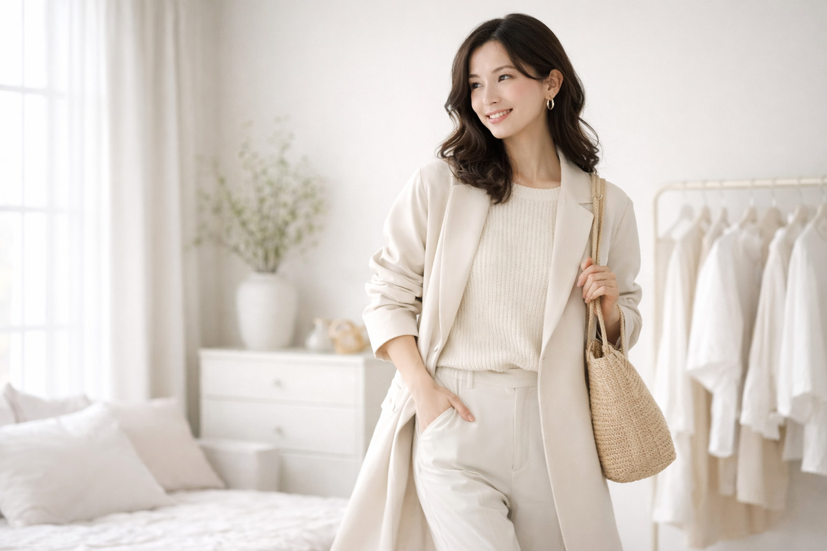 白を基調にしたホワイトレイヤードコーデを着こなす日本人女性の春のファッション