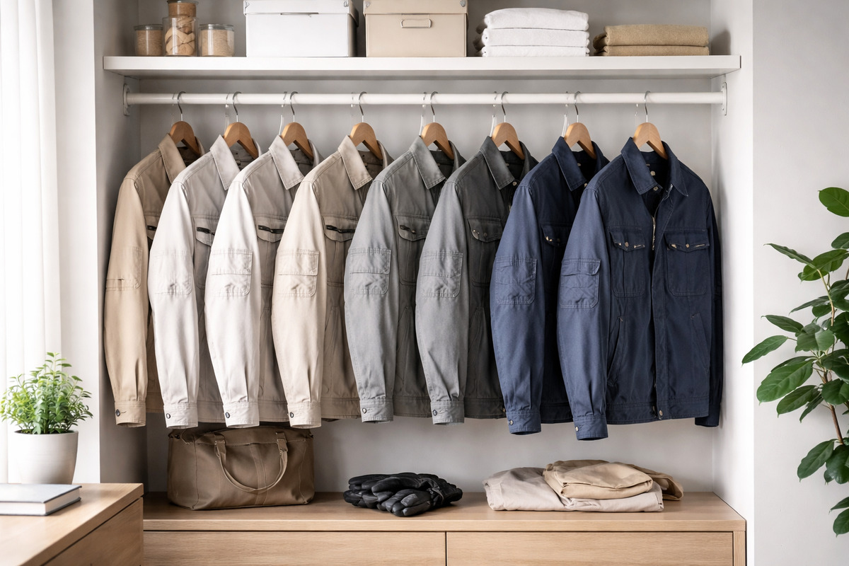 同じ系統の作業服が整然と並ぶミニマルなクローゼットの風景