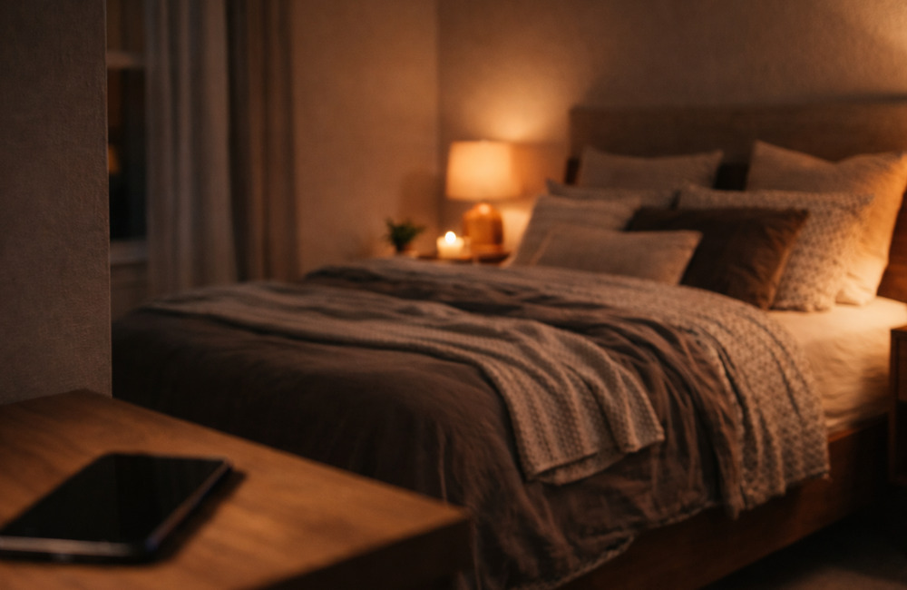 寝室の外にスマホを置き、暖かな照明のベッドが奥に広がる静かな夜の睡眠環境