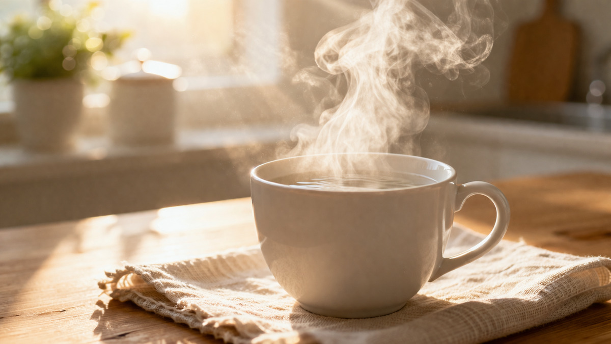 朝の光が差し込むキッチンで、湯気の立つ白湯のカップが置かれた穏やかな朝の風景
