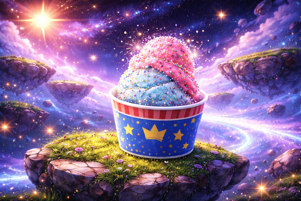 宇宙のような幻想的な背景に浮かぶカラフルなダブルカップのアイスクリーム