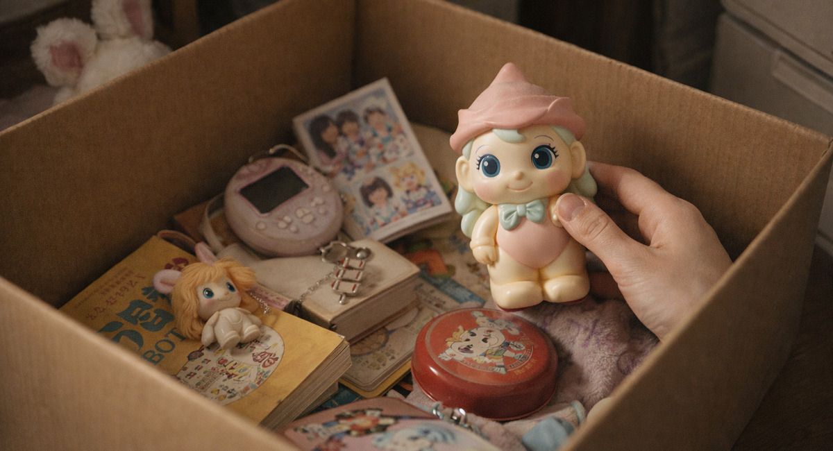 箱の中の懐かしいキャラクターグッズを手に取り過去の記憶を思い出すシーン
