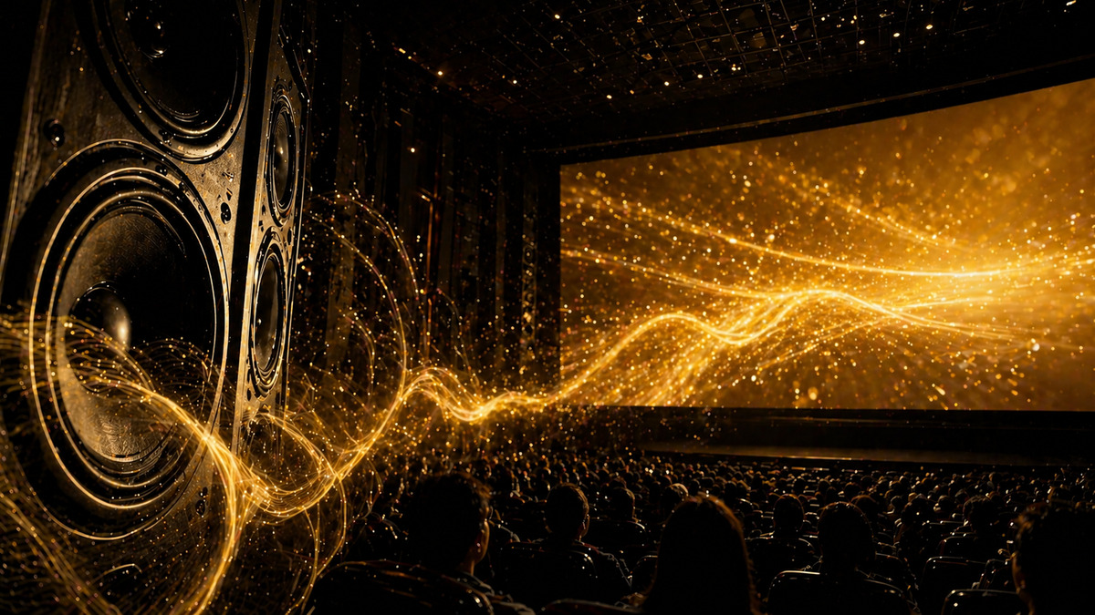 巨大スピーカーから金色の音が広がる劇場空間で観客が没入する様子