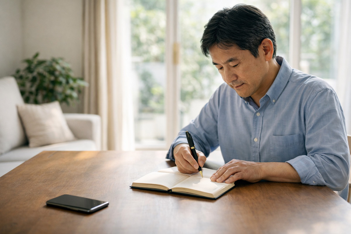 明るいリビングでノートに手書きする男性と伏せたスマートフォン