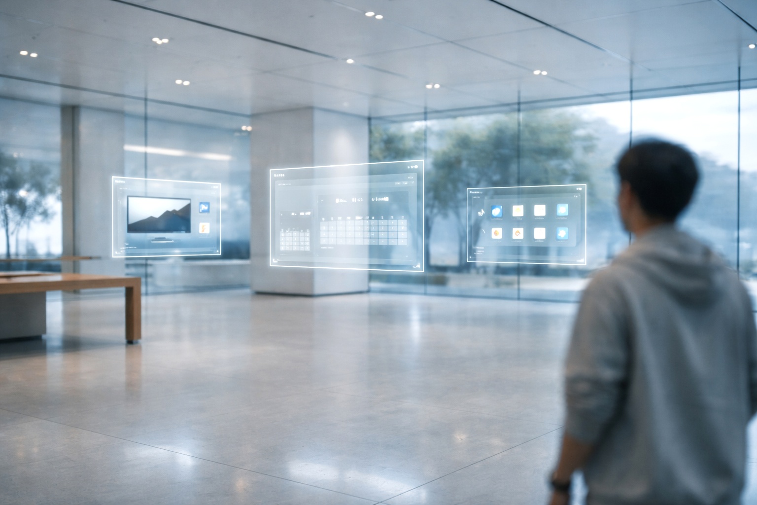 未来的な空間に浮かぶデジタル画面を眺める人物。日常とデジタルが融合した体験イメージ