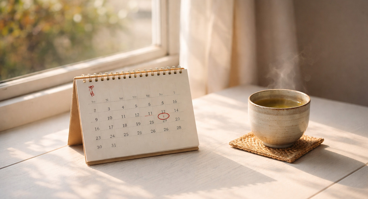 朝の光が差し込む白いテーブルに、4月5日を示したカレンダーと湯呑みが置かれた穏やかな風景