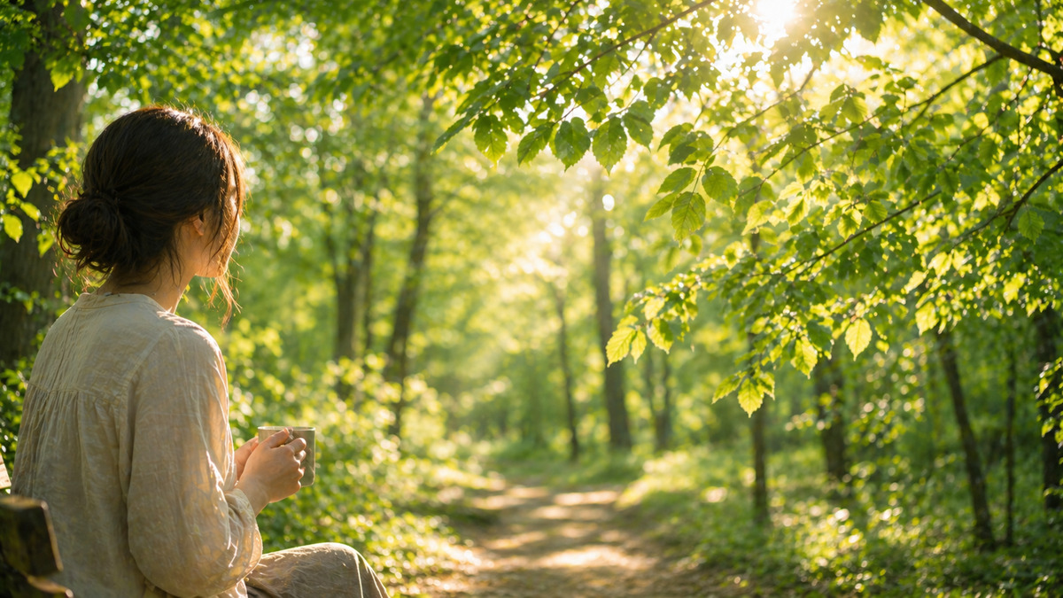 木漏れ日の森の中、ベンチに座り飲み物を手に静かに過ごす穏やかなひととき