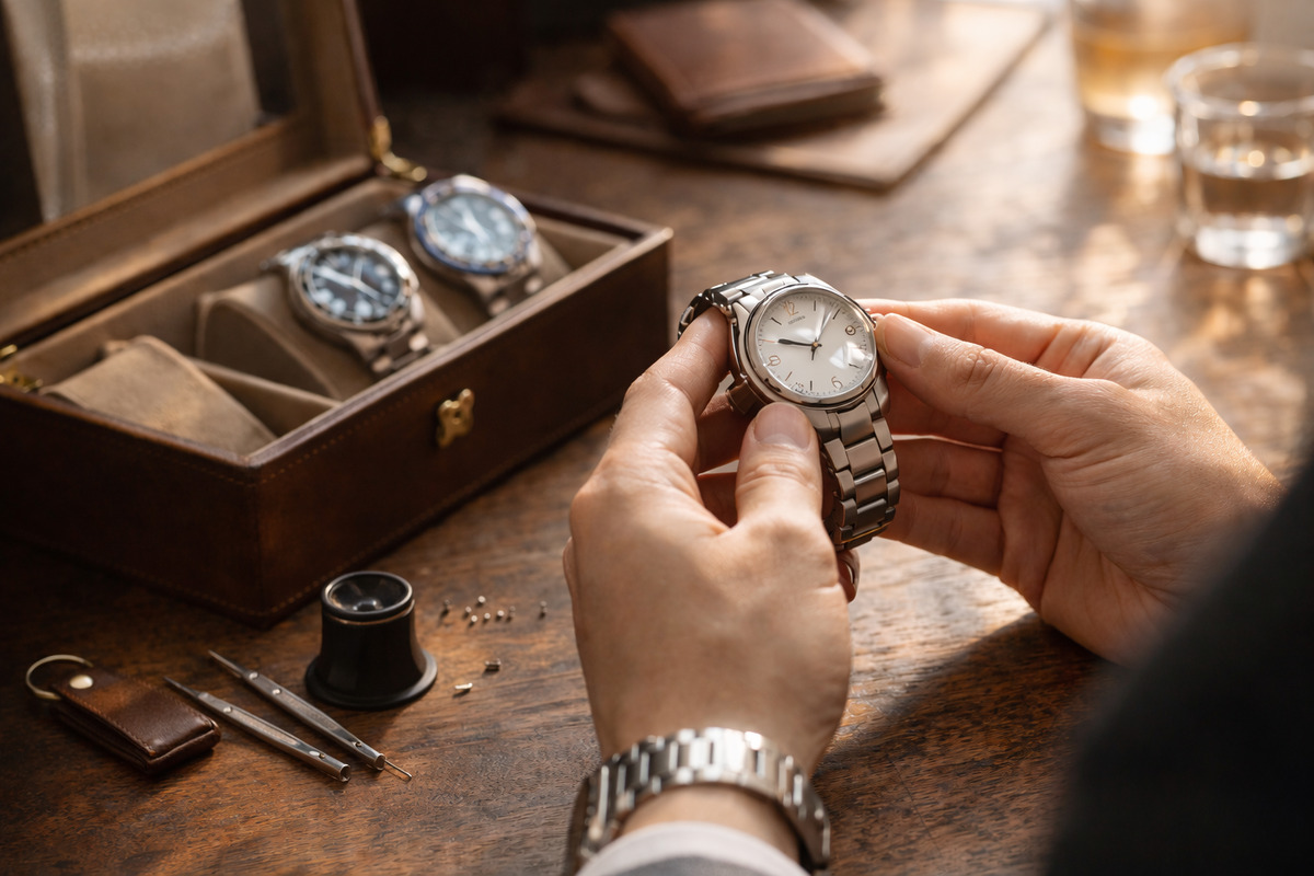 腕時計を手に取り精密工具と小さなネジが並ぶ作業机で丁寧に扱う様子