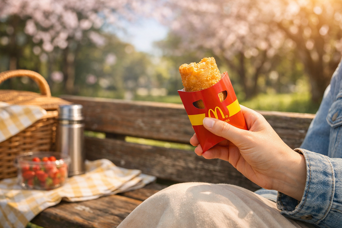 春の公園のベンチでベーコンポテトパイを手に持ち、これから食べる瞬間を切り取った写真