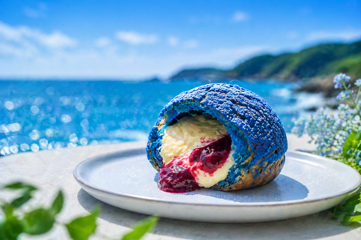 青い海を背景に、クリームがとろける青いシュークリームが皿に置かれた印象的な一枚