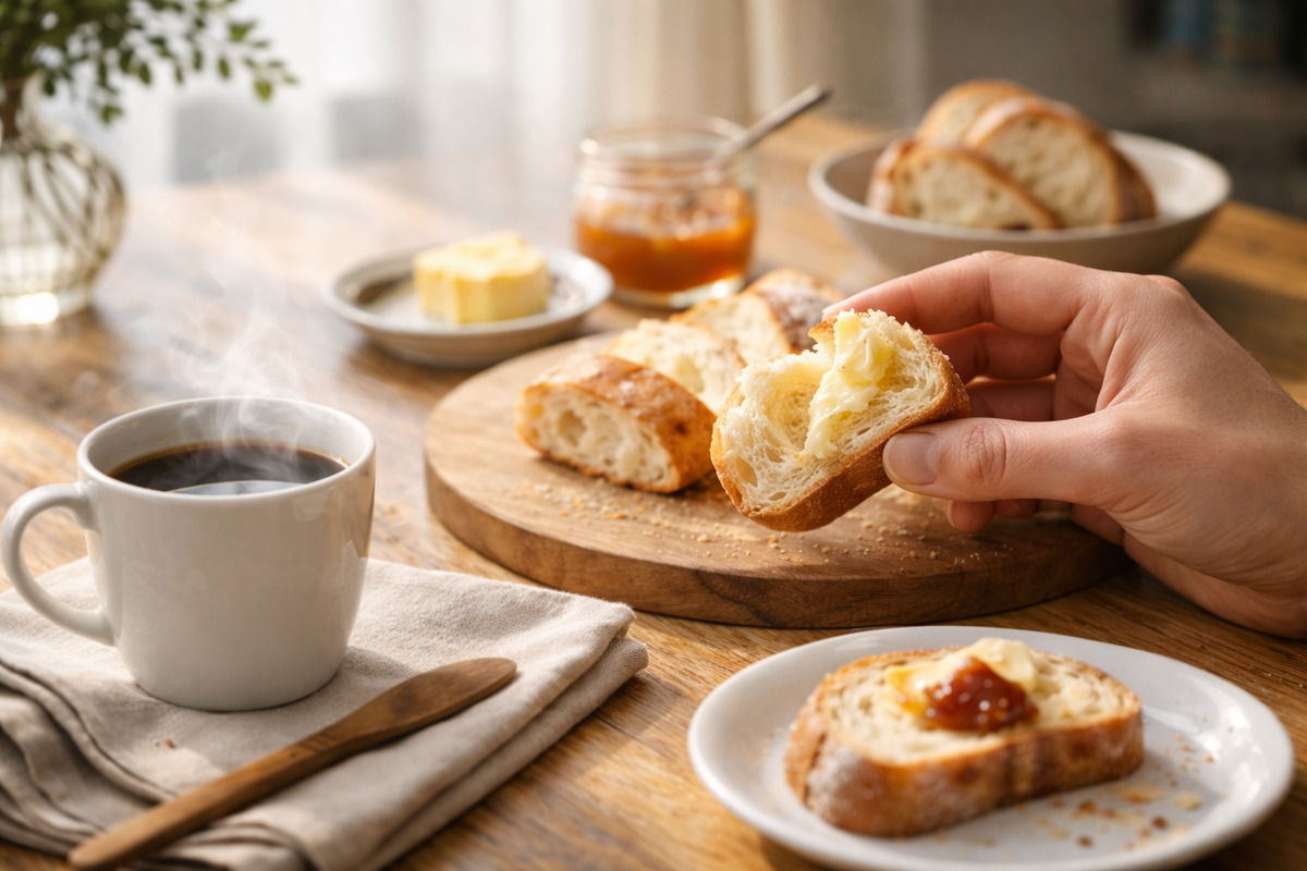 やわらかいパンにバターが溶ける朝のひとときとコーヒーのある静かな食卓