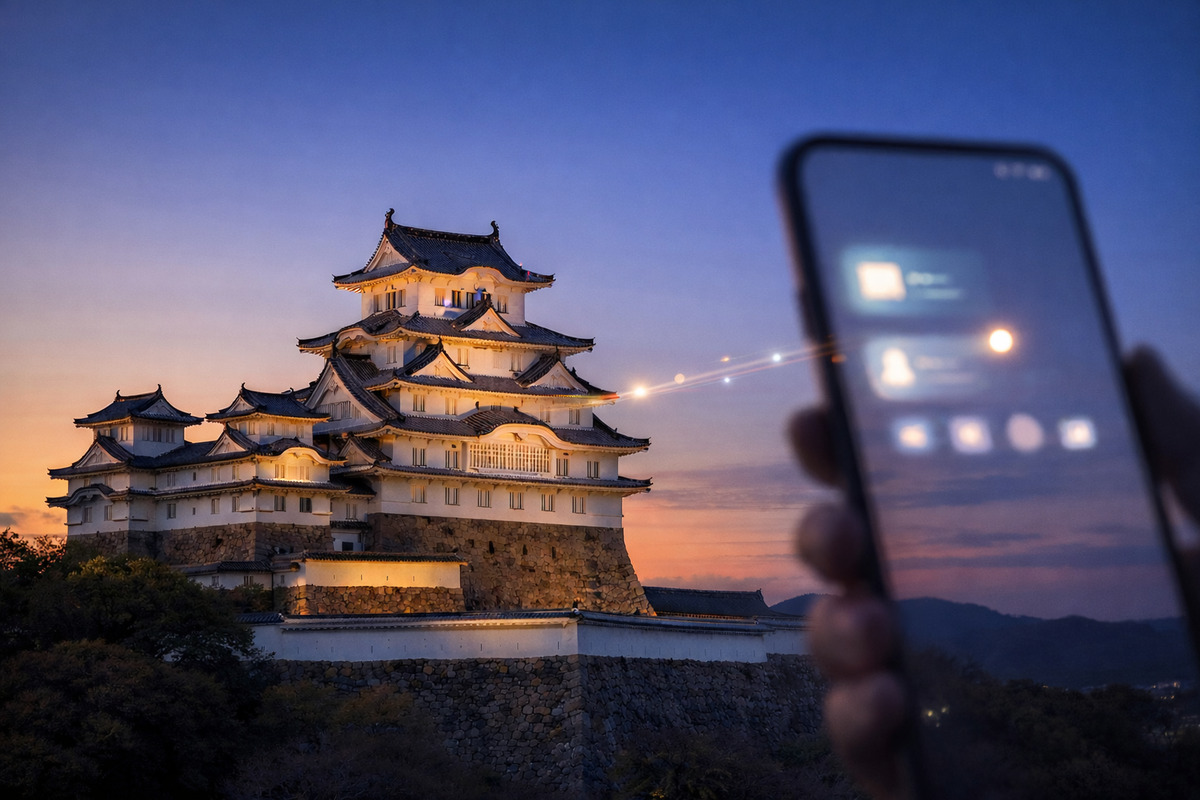 夕暮れの姫路城と手前のスマホが光でつながり、日常と構造の関係を表現した風景