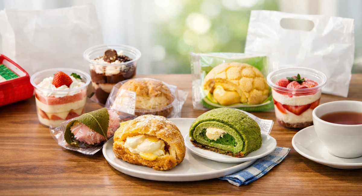 春の光が差し込むテーブルに並んだコンビニスイーツと紅茶で、自宅カフェのようなひとときを演出した様子