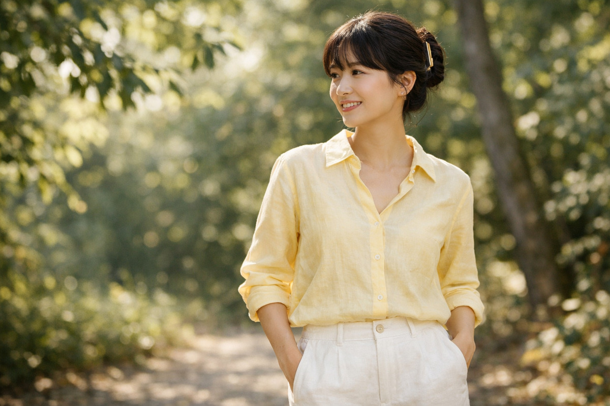淡いイエローのシャツと白いパンツで春の光の中に立つ女性の穏やかな表情