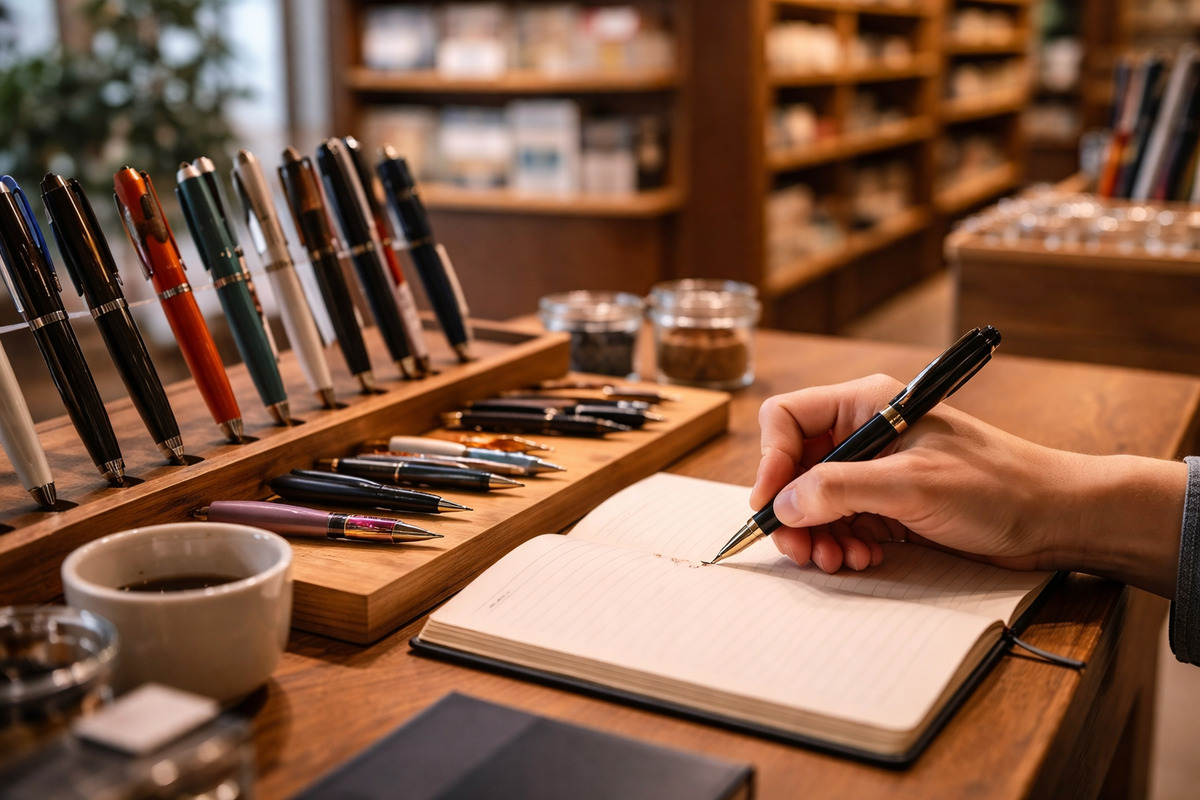 文具店の試し書きコーナーで万年筆を手に取りノートに書き心地を確かめる体験の様子