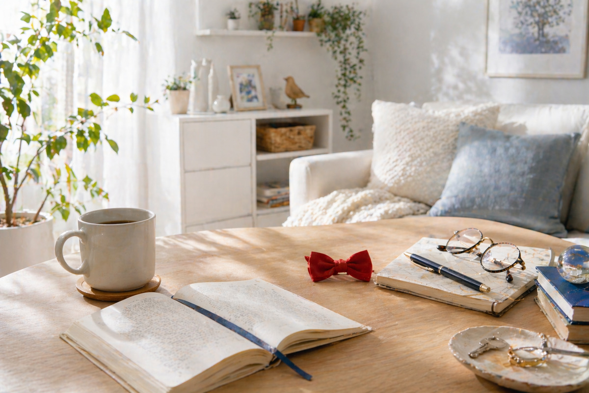 白を基調とした部屋のテーブルに本やマグカップとともに赤い蝶ネクタイが置かれた、物語を感じる穏やかな日常風景