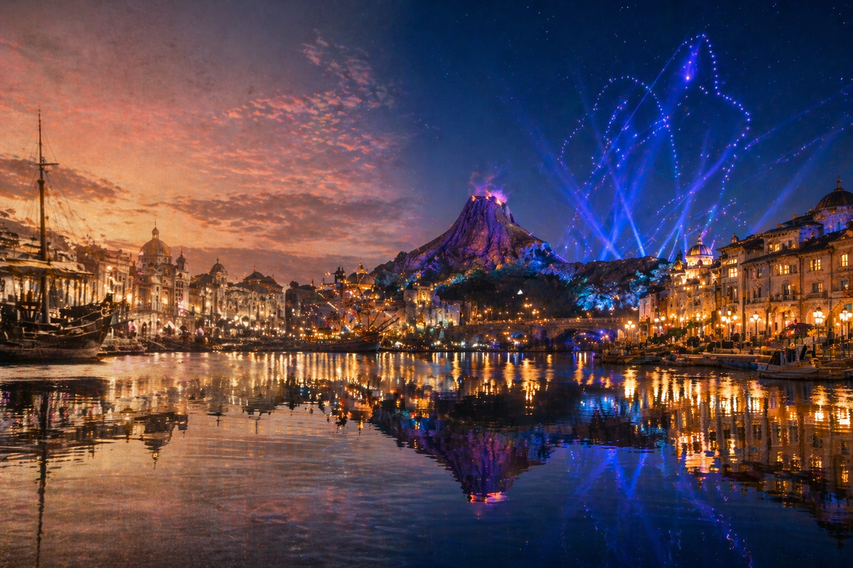 夕暮れから夜へ移り変わるディズニーシーの水辺と、時間の流れを映す幻想的な風景