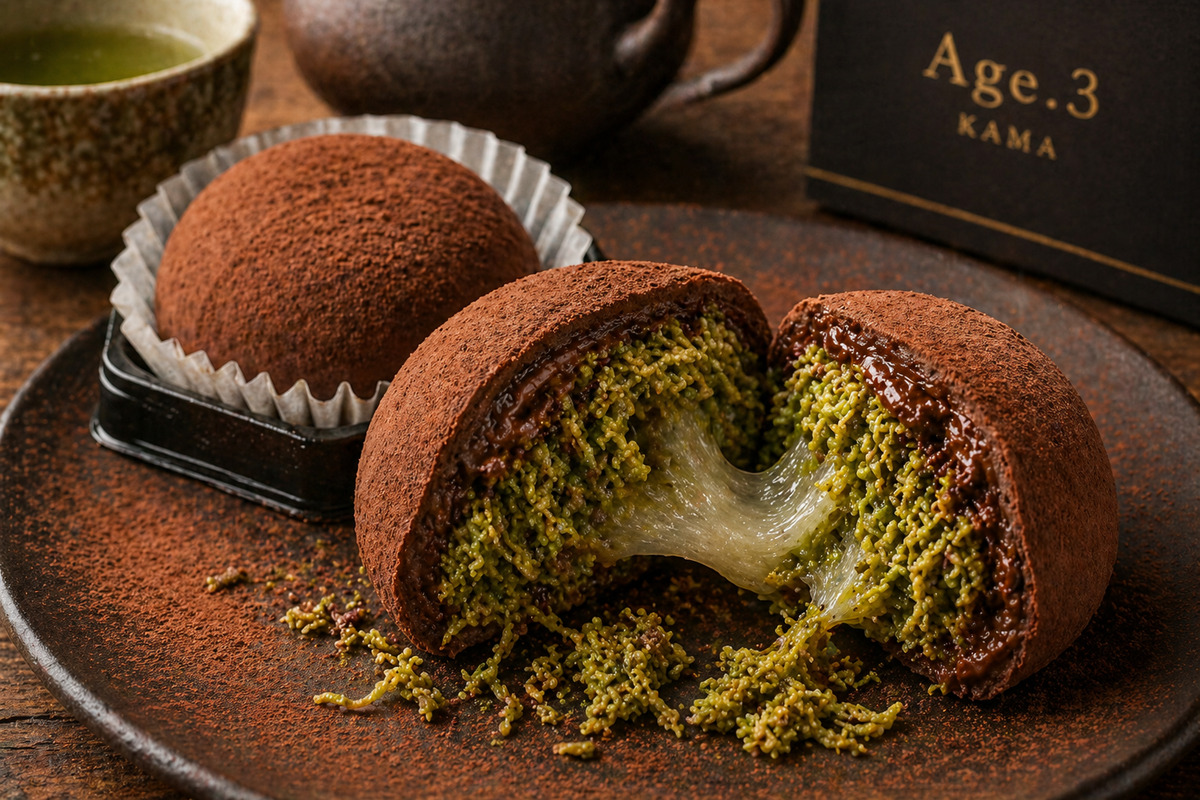 ココアで覆われたドバイチョコ餅を割ると中から抹茶と求肥が伸びる様子