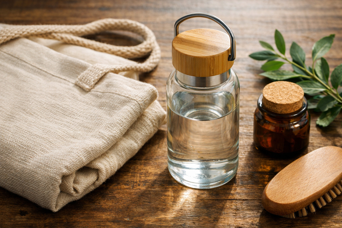 エコバッグとガラスボトル、木製ブラシが並ぶナチュラルなサステナブル生活イメージ