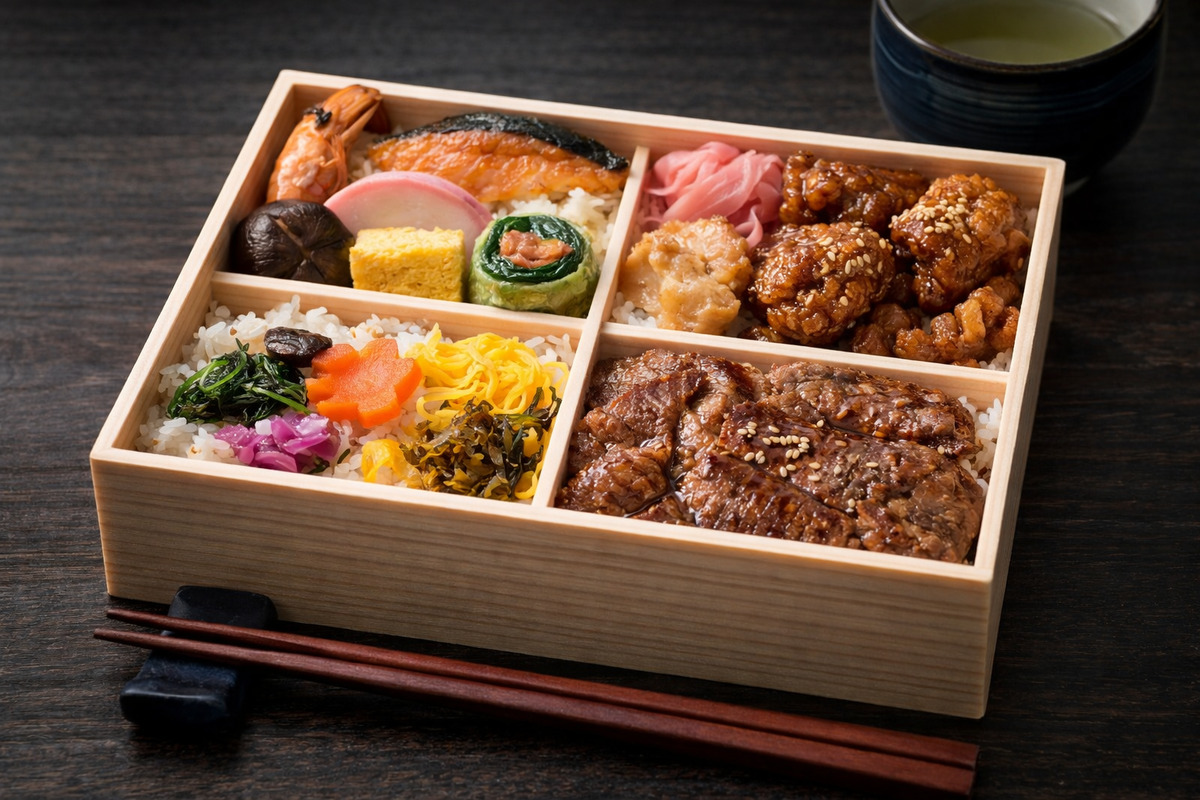 黒背景の上に美しく盛り付けられた駅弁が置かれ、大人の落ち着いた食事時間を感じさせる写真