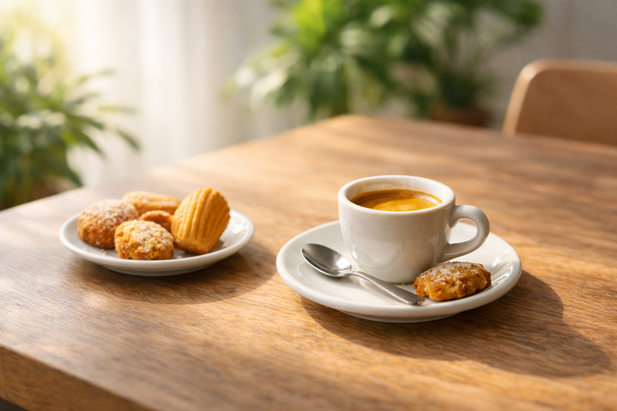 明るいダイニングでエスプレッソと焼き菓子を楽しむ穏やかな朝のひととき