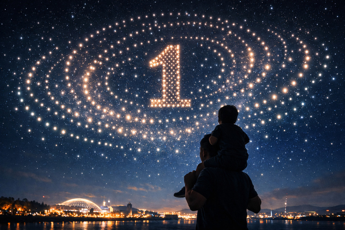 夜空のドローンショーを見上げる親子のシルエットが未来の公共空間を感じさせる情景