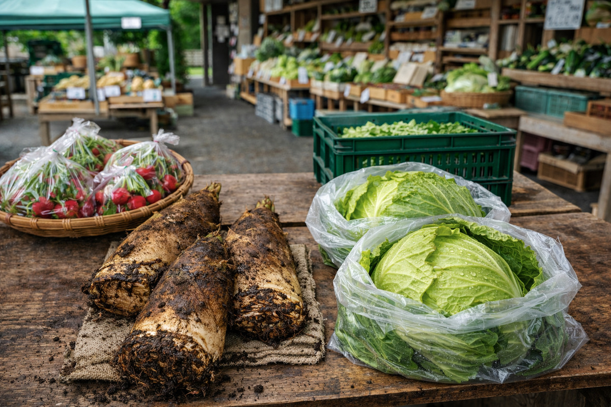 直売所の棚に並ぶ筍と春キャベツを中距離で捉えた新鮮な春野菜の風景