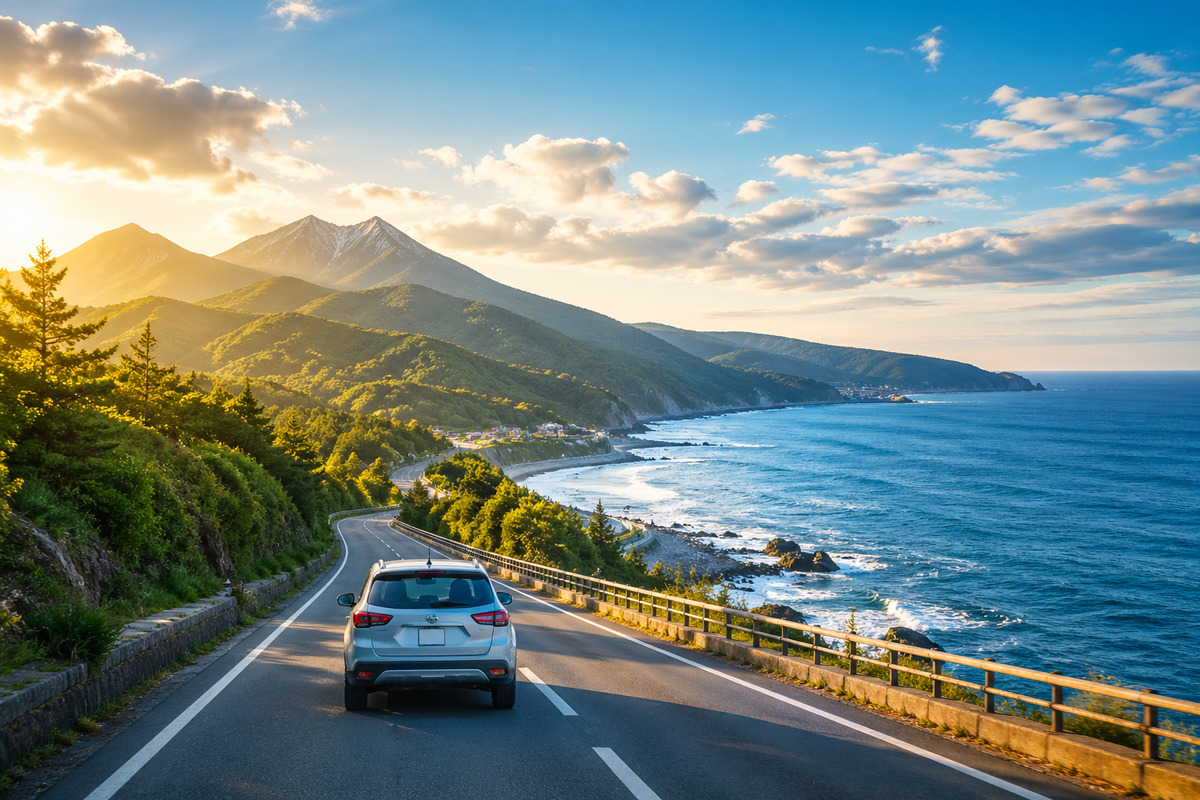 山の緑から海岸線へと続く道を車で走る、開放感あふれるドライブ風景