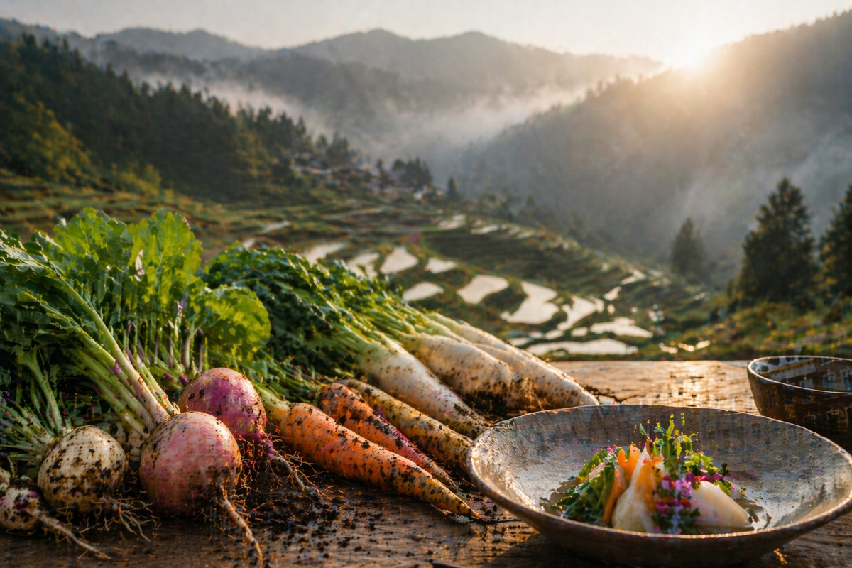 棚田を背景に泥付き野菜と一皿の料理が並ぶ、土地の恵みを感じる風景