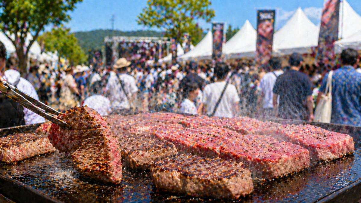 青空の下、鉄板で焼かれる牛ステーキと人で賑わうフードフェスの様子