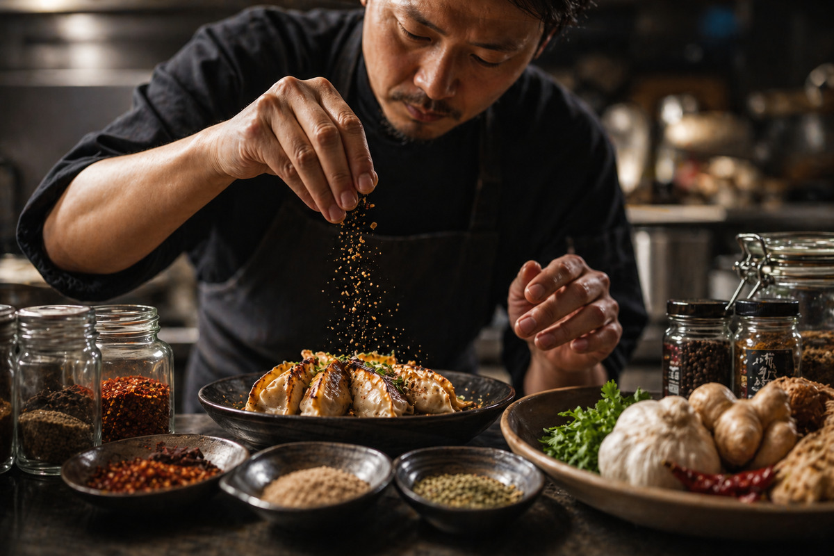餃子にスパイスを振りかける料理人の手元を捉えた、職人のこだわりと調理の瞬間が伝わるキッチン風景