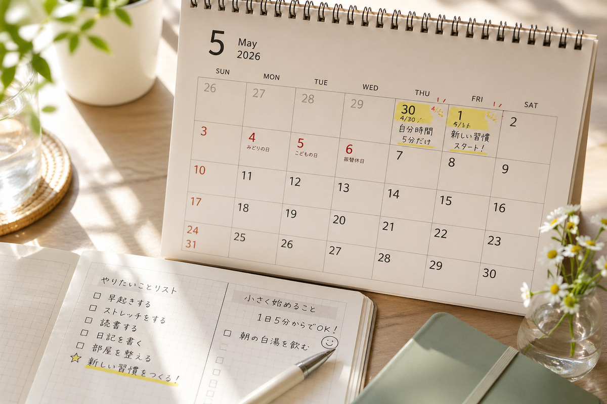 GWの谷間である4月30日と5月1日がハイライトされたカレンダーに、書きかけのペンが置かれた朝のデスク風景