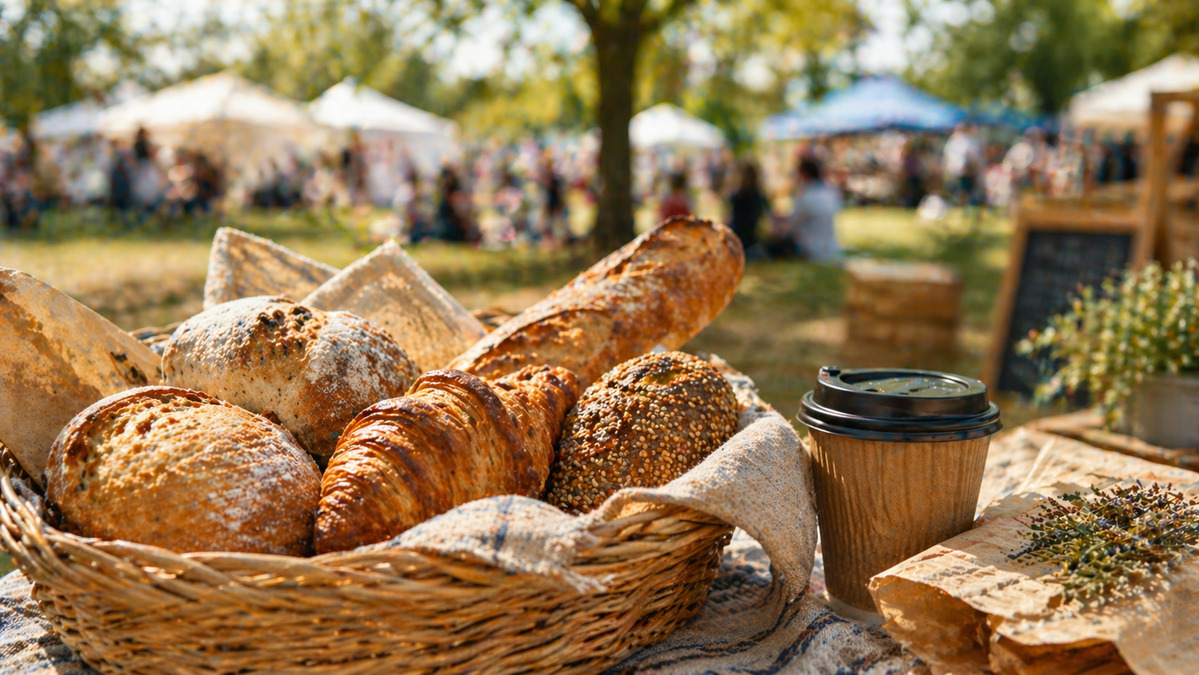 青空の下の公園で焼きたてパンのバスケットとコーヒーを楽しむ、にぎやかなマルシェの風景