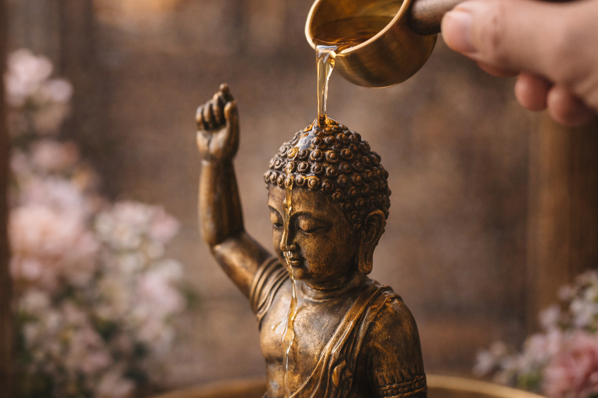 花まつりの儀式で甘茶が静かに注がれ、仏像の表面を伝う穏やかな瞬間を切り取った情景