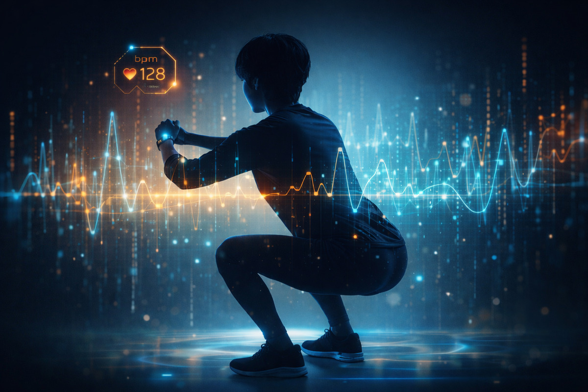 データの波形に包まれながらスクワットする人物のシルエットが未来的に描かれたイメージ